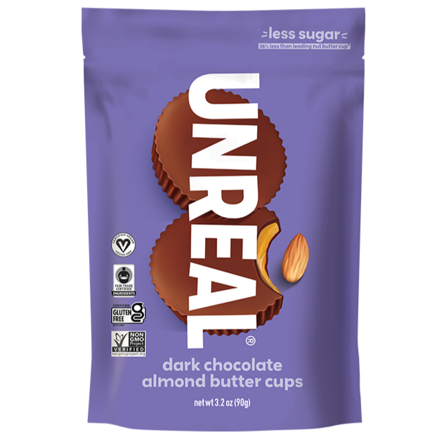 UNREAL dark chocolate almond butter cups pouch with less sugar