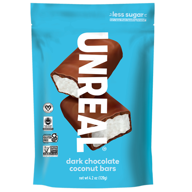 UNREAL dark chocolate coconut bars package with 2 less sugar label