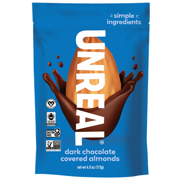 UNREAL dark chocolate covered almonds package with text: simple ingredients, dark chocolate covered almonds