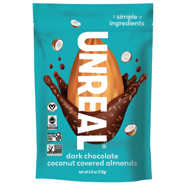 UNREAL dark chocolate coconut covered almonds package with simple ingredients text