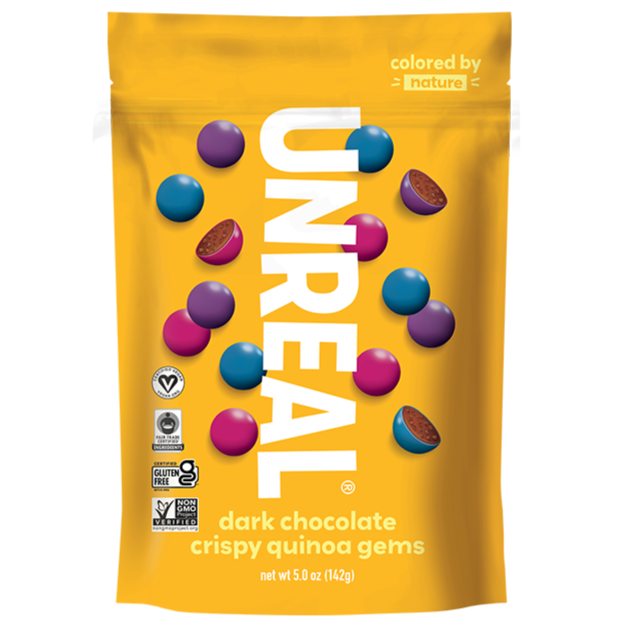 UNREAL dark chocolate crispy quinoa gems yellow package with colorful gem shapes
