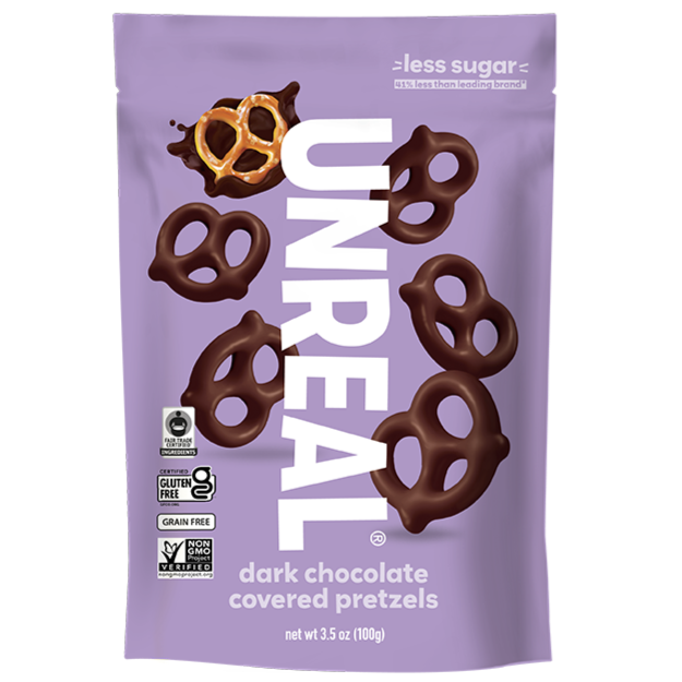 UNREAL dark chocolate covered pretzels package with less sugar label