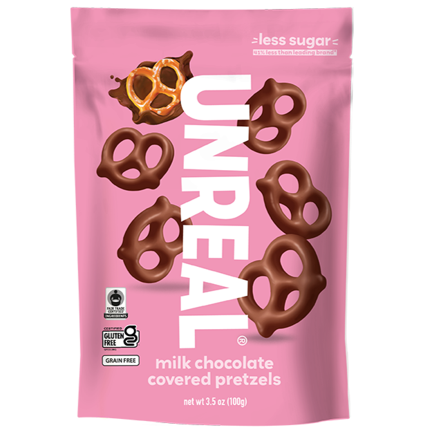 UNREAL milk chocolate covered pretzels bag with pretzel images and 'less sugar' text