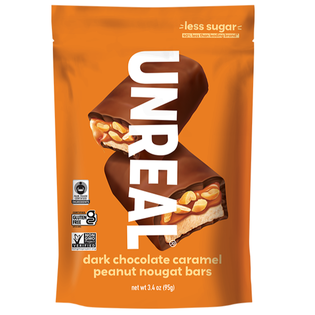 UNREAL dark chocolate caramel peanut nougat bars package with less sugar