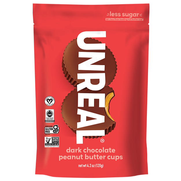 Unreal dark chocolate peanut butter cups package with less sugar label