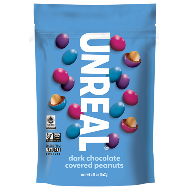 Unreal dark chocolate covered peanuts blue package with scattered chocolate-covered peanuts
