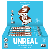 Box of UNREAL dark chocolate coconut bars with '80% less sugar more simple' on packaging