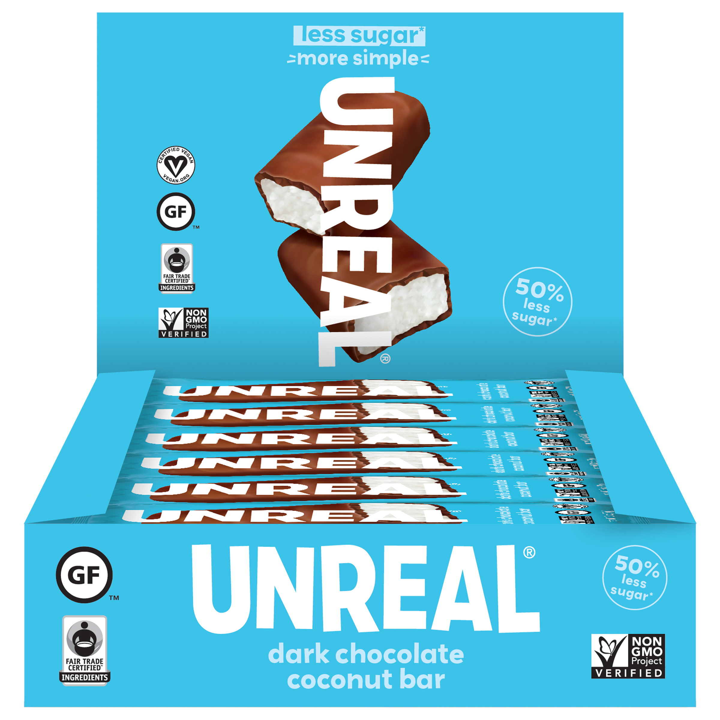 Box of UNREAL dark chocolate coconut bars with '80% less sugar more simple' on packaging