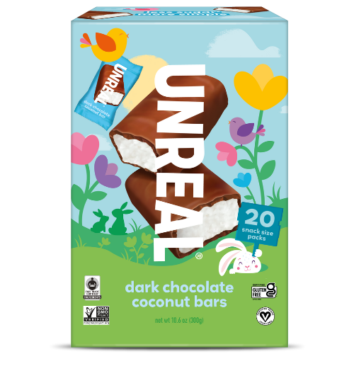 UNREAL dark chocolate coconut bars box with floral Easter design, 20 bars 