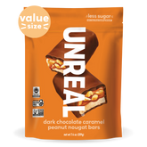 UNREAL dark chocolate caramel peanut nougat bars 'value size' packaging with certification logos