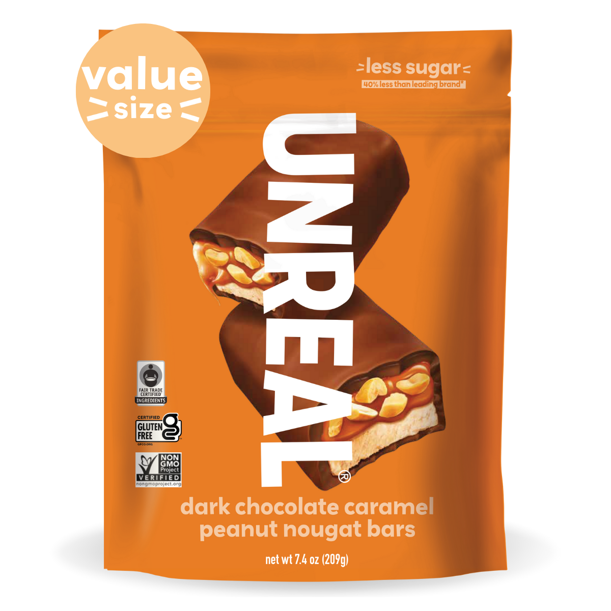 UNREAL dark chocolate caramel peanut nougat bars 'value size' packaging with certification logos