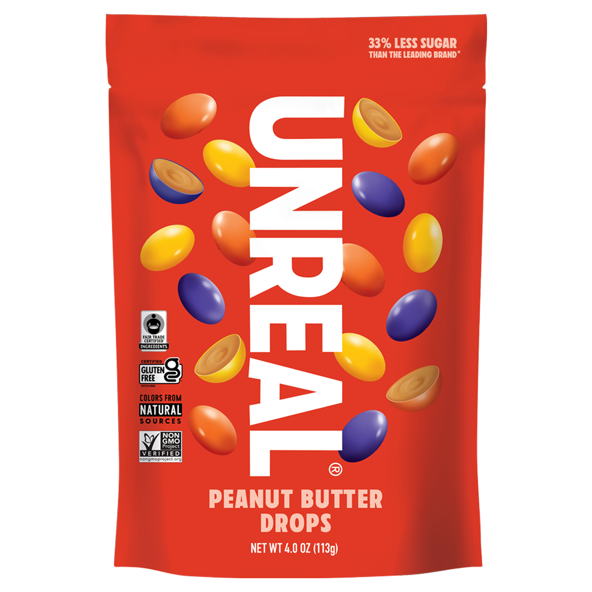 Front of 4 oz Peanut Butter Drops bag with UNREAL logo, peanut-butter filled candy drops on red background; reads 33% less sugar