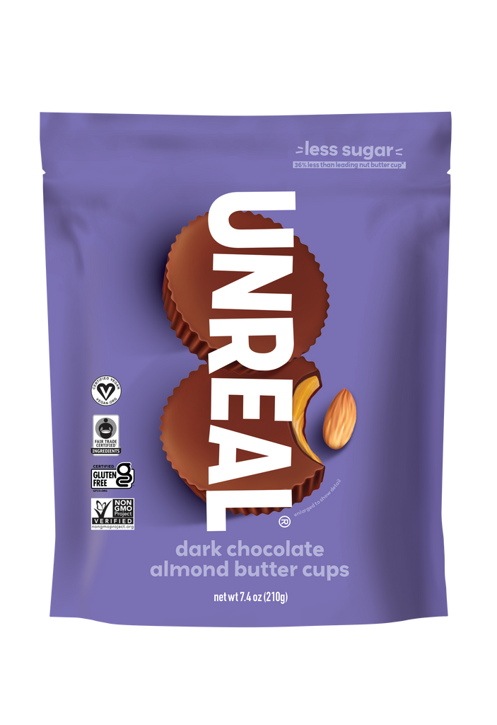 Front view of UNREAL dark chocolate almond butter cups bag showing two chocolate cups, UNREAL logo and 'less sugar' text