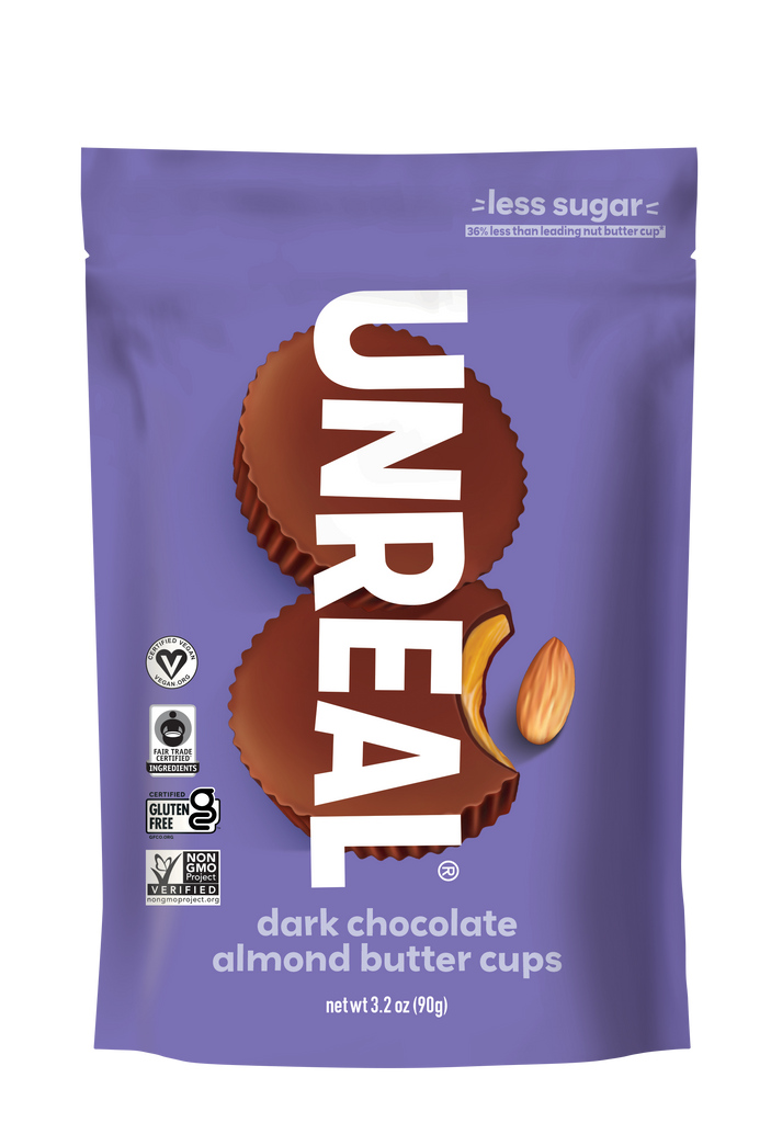 UNREAL bag, less sugar 36% less than leading nut butter cup, dark chocolate almond butter cups, net wt 3.2 oz (90g)