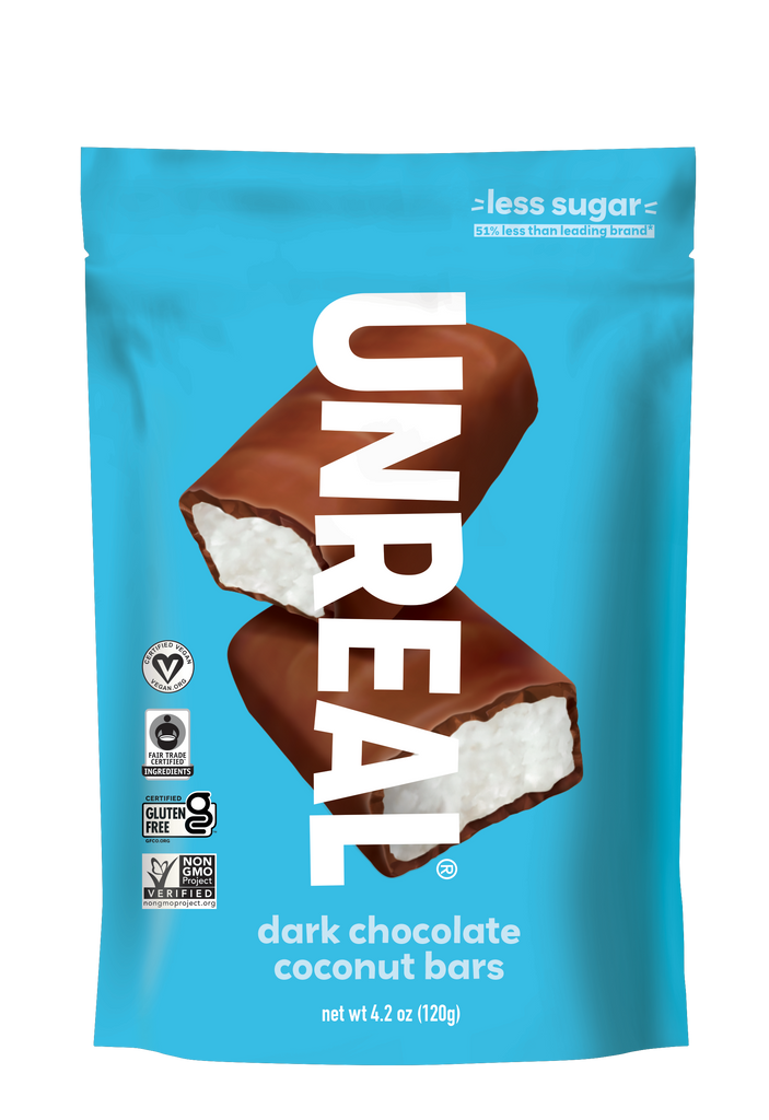 UNREAL dark chocolate coconut bars pouch — less sugar; 51% less than leading brand; net wt 4.2 oz (120g)