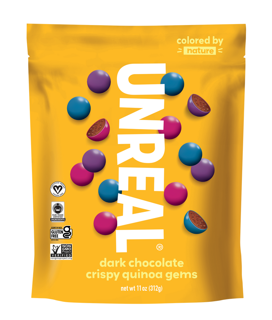 UNREAL bag, colored by nature; dark chocolate crispy quinoa gems, net wt 11 oz (312g)