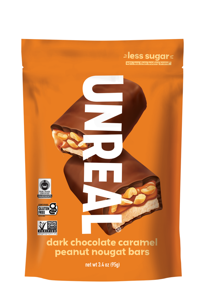 Front view of UNREAL pouch of dark chocolate caramel peanut nougat bars showing less sugar 40 percent less than leading brand