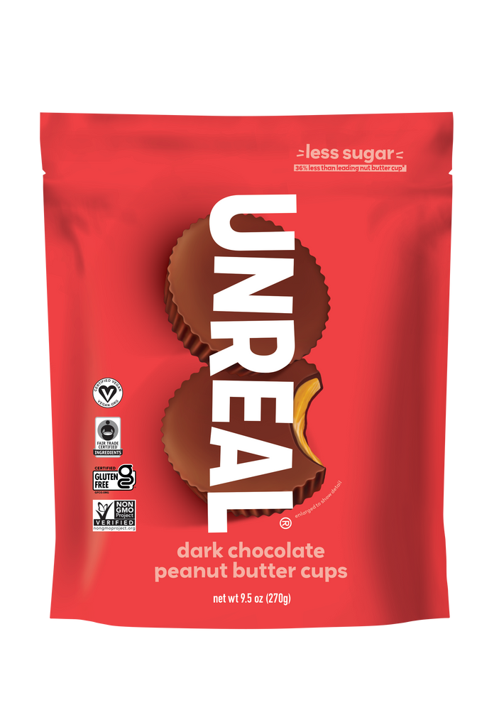 UNREAL — less sugar; dark chocolate peanut butter cups, net wt 9.5 oz (270g)