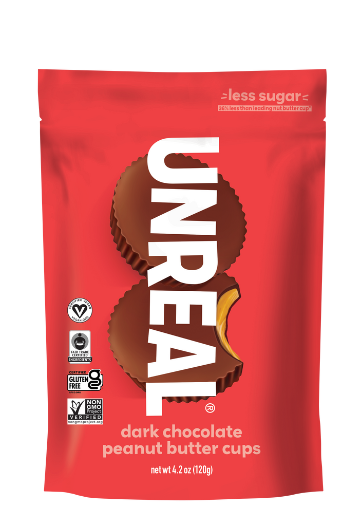 UNREAL less sugar 36% less than leading nut butter cup dark chocolate peanut butter cups net wt 4.2 oz (120g)