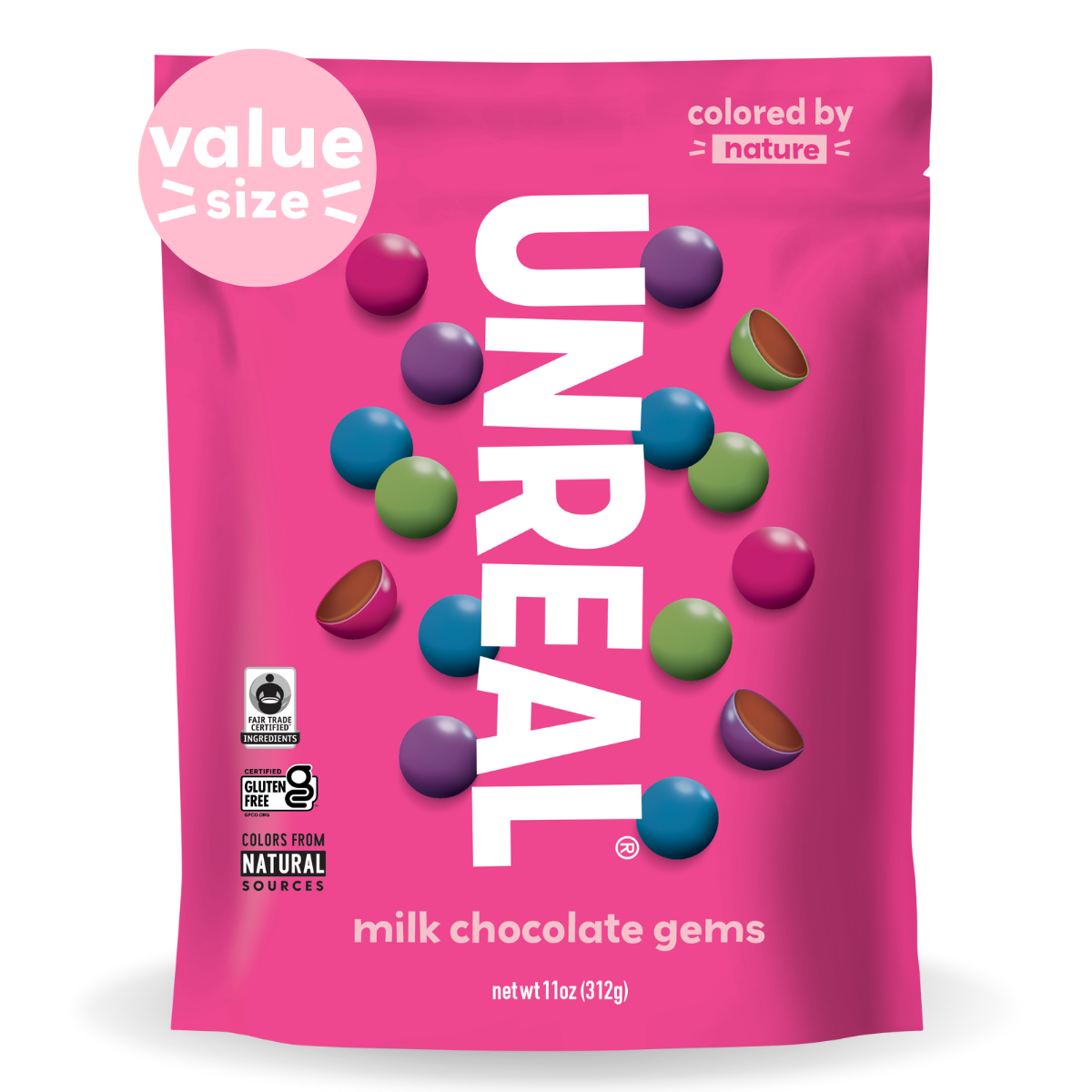 Front view of milk chocolate gems value bag showcasing UNREAL logo and colorful candies on pink packaging, resealable 11oz