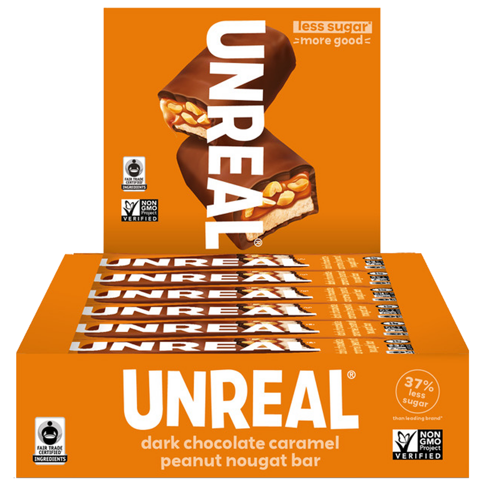Dark chocolate caramel peanut nougat bar grab & go box bars
